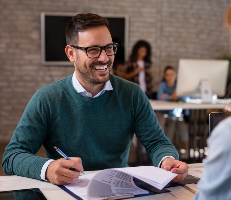 Job interview, businessman listen to candidate answers.